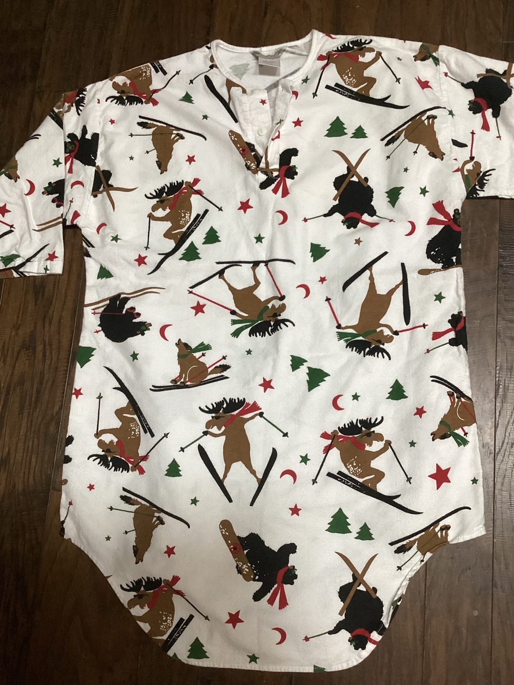 Coldwater Creek Flannel White Holiday Ski Moose Print Nightshirt